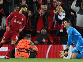 Thibaut Courtois reacts to hilarious error in Real Madrid's comeback win at Liverpool